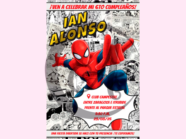 Invitación con temática de Spiderman para un cumpleaños.